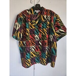 Vintage 80s Truffles USA Womens L Colorful Geometric Zebra Print Button Blouse